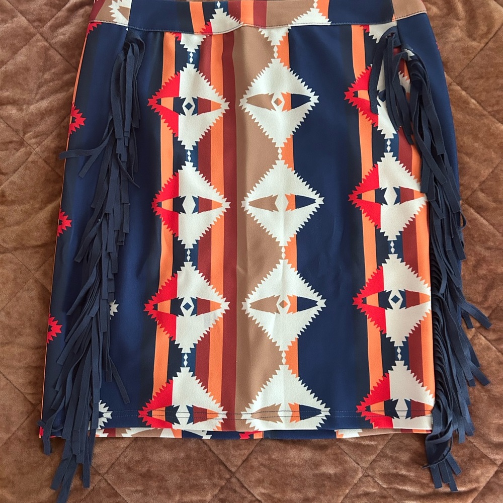 L&B Geometric Fringe Pencil Skirt - Blue and Tan